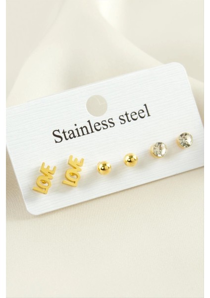 6 Adet Love Yazılı Taşlı Çelik Küpe