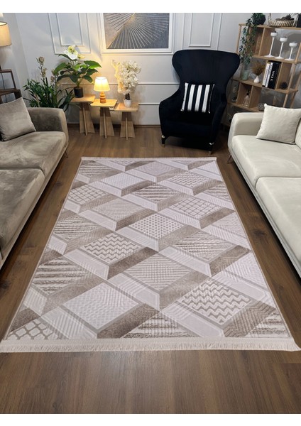 Dinar Motif Bej Kahverengi Kaymaz Taban Kesme Yolluk Halı Modern Desen fırsatları