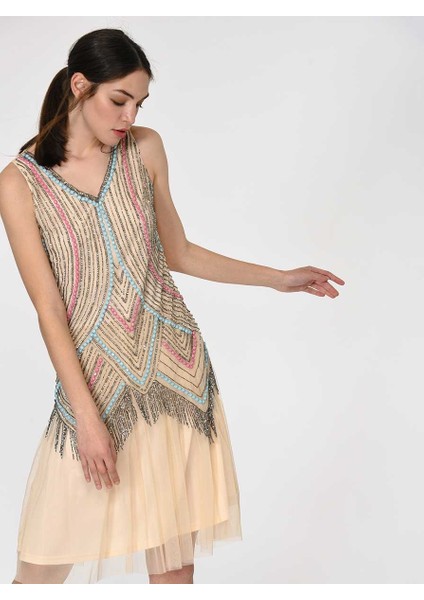 Renkli Boncuk İşlemeli Gece Elbisesi Standart Renk Y1962112_089