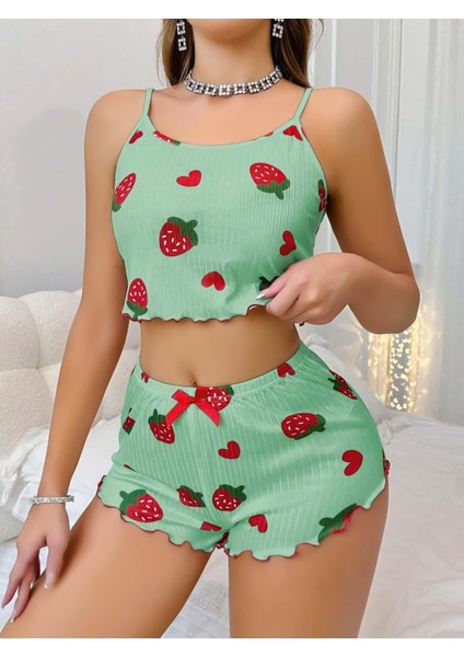 Kadın Yeşil Çilek Desenli Şortlu Pijama Takımı 5060 fiyatları