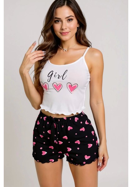 Kalp Desenli Askılı Şortlu Pijama Takımı fiyatları