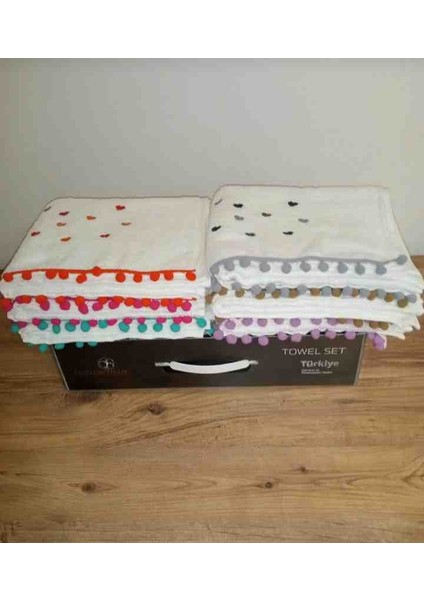 %100 Pamuklu Kalp Nakışlı 6'lı Ucu Ponponlu Kutulu Havlu Seti fırsatları
