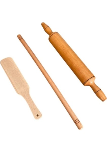 Oklava Merdane Seti, 3 Parça Ahşap Set, Oklava Merdane ve Çevirgeç, Hamur Işleri Seti