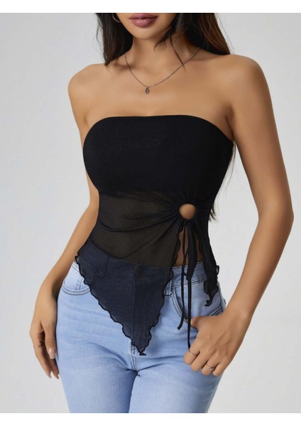 Kadın Siyah Crop Önden Halka Büzgü Detaylı 5094