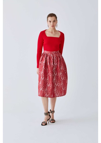 Desenli Kabarık Etek Kırmızı-Beyaz K2015072_129