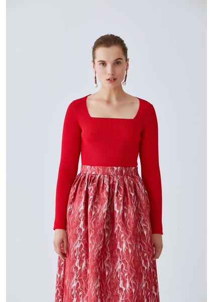 Desenli Kabarık Etek Kırmızı-Beyaz K2015072_129 modelleri