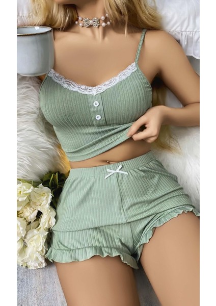Kadın Yeşil Dantel Detaylı Şortlu Gecelik Pijama Takımı 5014 fiyatları