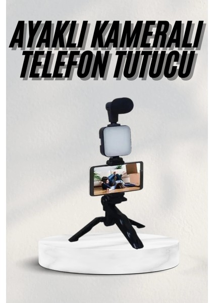 Telefon Tutucu LED Işıklı Kumandalı Mikrofon Telefon Vlog Video Kayıt