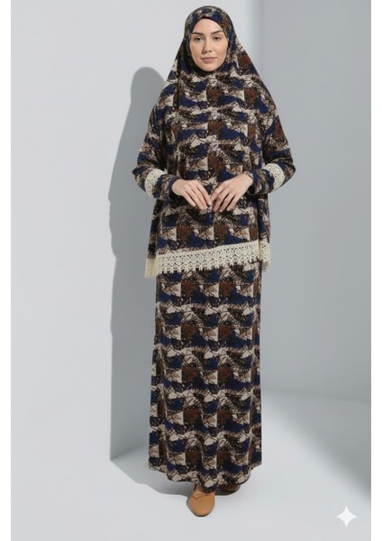 Şal Desen Başörtülü ve Etekli Şık Kadın Namaz Elbisesi modelleri