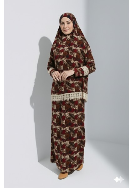 Şal Desen Başörtülü ve Etekli Şık Kadın Namaz Elbisesi modelleri