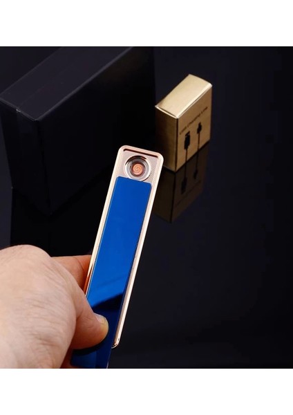 Şık Görünümlü USB Şarjlı Rezistanslı Ince Slim Metal Çakmak (Mavi)