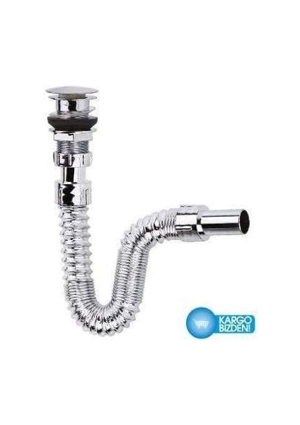 Krom Basmalı Sifon - Körüklü Sifon - Lavabo Mutfak Sifonu - Bas Stoplu