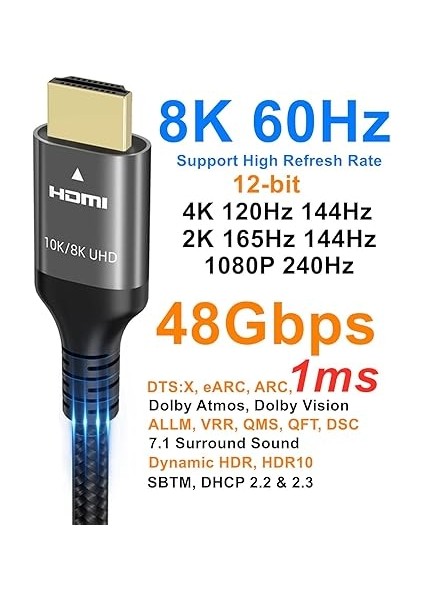 10K 8k 4K HDMI Kablosu 48GBPS 0,5m, Sertifikalı Ultra Yüksek Hız Hdmı® Kablosu 4K 240Hz 144Hz 8k 60Hz 0,01MS HDR10+ Arc Earc Hdcp2.3 Netflix Roku Tv Pc Monitör Projeksiyon Ps5 Xbox modelleri
