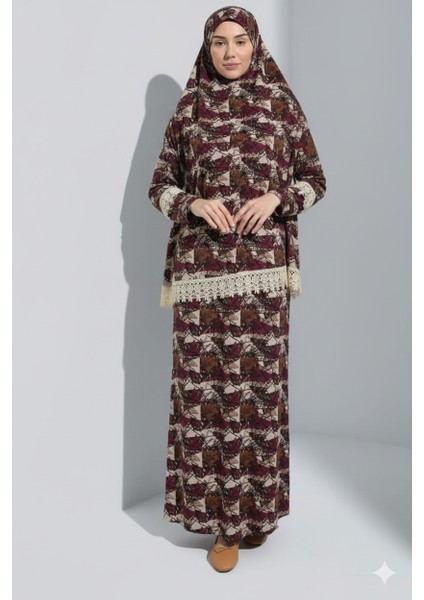 Şal Desen Başörtülü ve Etekli Şık Kadın Namaz Elbisesi fiyatları