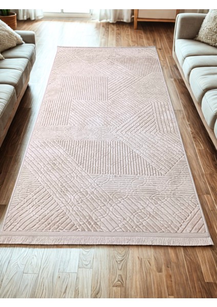 Krem Bej Renk Saçaklı Kaymaz Tabanlı Kesme Kabartmalı Salon Koridor Mutfak Halısı indirimleri