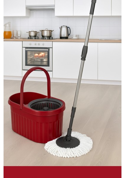 Otomatik Mop Seti Paspas ve Sıkma Kovası, 360° Döner Başlıklı Mikrofiber Yer Temizleme Bordo fiyatları