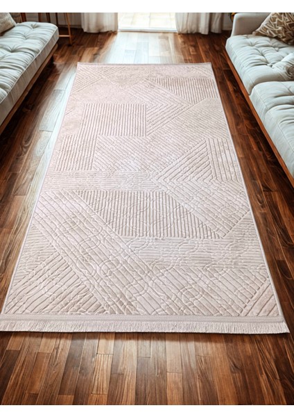 Krem Bej Renk Saçaklı Kaymaz Tabanlı Kesme Kabartmalı Salon Koridor Mutfak Halısı