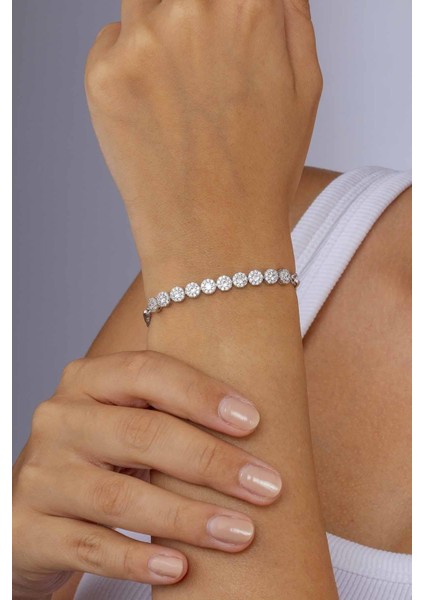 Rodyum Kaplama Yuvarlak Taşlı Gümüş Bileklik