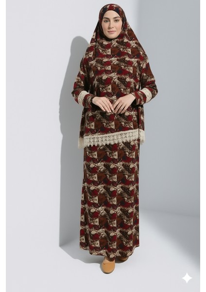 Şal Desen Başörtülü ve Etekli Şık Kadın Namaz Elbisesi indirimleri