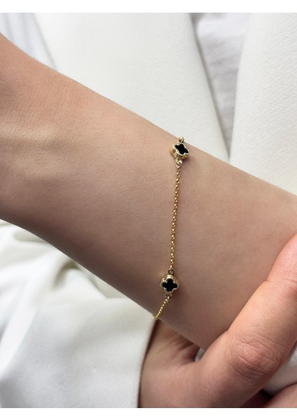 14 Ayar Altın Mini Siyah Taşlı Yonca Bileklik
