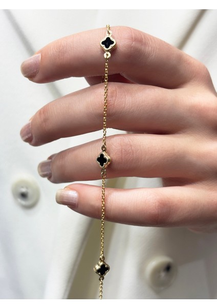 14 Ayar Altın Mini Siyah Taşlı Yonca Bileklik fiyatları