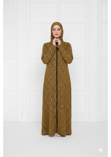 Tek Parça Başörtülü Şal Desen ve Fermuarlı Kadın Namaz Elbisesi Sabahlık