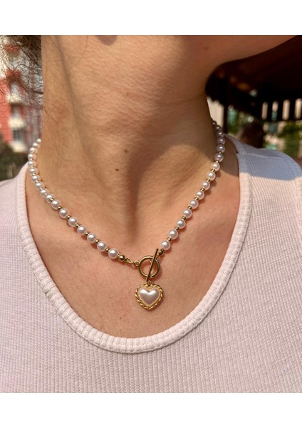Paslanmaz Gold Detaylı Inci Kolye Çelik