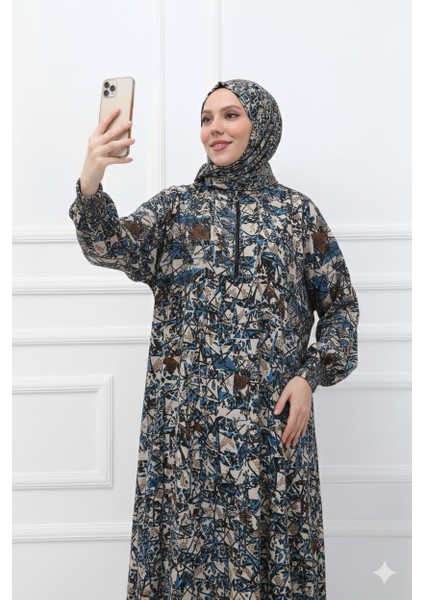 Tek Parça Başörtülü Şal Desen ve Fermuarlı Kadın Namaz Elbisesi Sabahlık