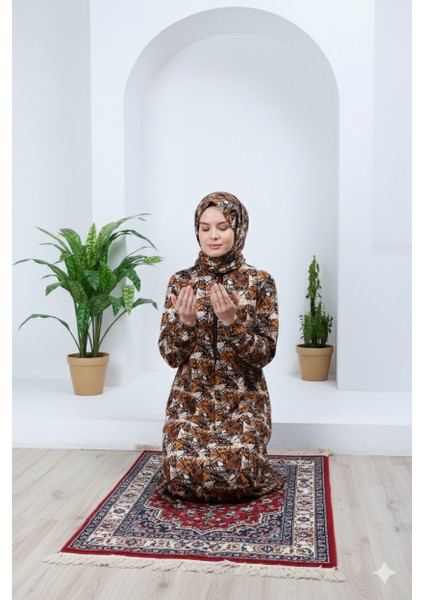 Tek Parça Başörtülü Şal Desen ve Fermuarlı Kadın Namaz Elbisesi Sabahlık