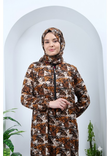 Tek Parça Başörtülü Şal Desen ve Fermuarlı Kadın Namaz Elbisesi Sabahlık modelleri