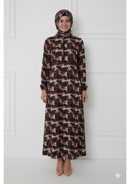 Tek Parça Başörtülü Şal Desen ve Fermuarlı Kadın Namaz Elbisesi Sabahlık indirimleri