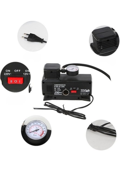 220 Volt-12 Volt 250 Psi Psi Kompresör Lastik Hava Şişirme Oto Pompası Fişli Çakmaklıklı modelleri