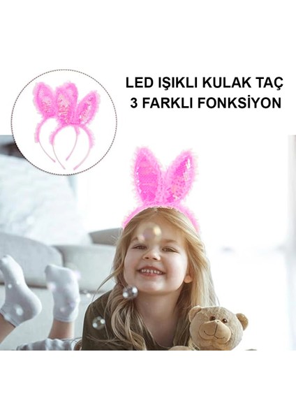 Kenarları Dantelli Fuşya Pullu Payetli LED Işıklı Tavşan Kulak Taç 23X19 cm fırsatları