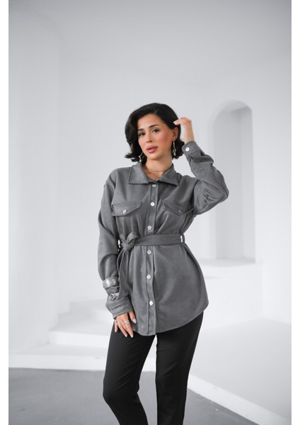 Çıtçıtlı Bağlama Detay Süet Kadın Gömlek