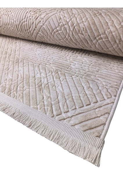 Krem Bej Renk Saçaklı Kaymaz Tabanlı Kesme Kabartmalı Salon Koridor Mutfak Halısı fırsatları