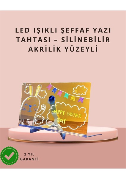 LED Işıklı Şeffaf Yazı Tahtası – Neon Etkili Akrilik Pano, Silinebilir, 7 Renkli Kalemli, 30X20 cm
