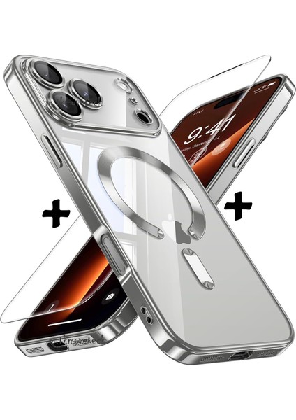 iPhone 17 Pro Max Kılıf Magsafe Şarj Destekli Renkli Parlak Kenarlı Arkası Şeffaf Silikon + Ekran Koruyucu Cam Set 2in1