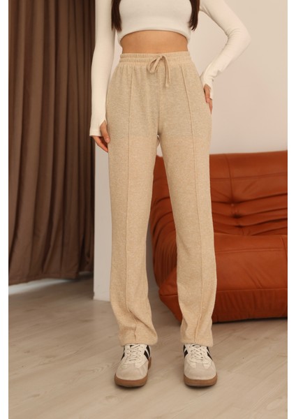 Bej Yumoş Yüksek Bel Bağlamalı ve Paça Lastik Detaylı Eşofman Altı