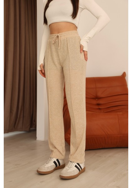 Bej Yumoş Yüksek Bel Bağlamalı ve Paça Lastik Detaylı Eşofman Altı modelleri
