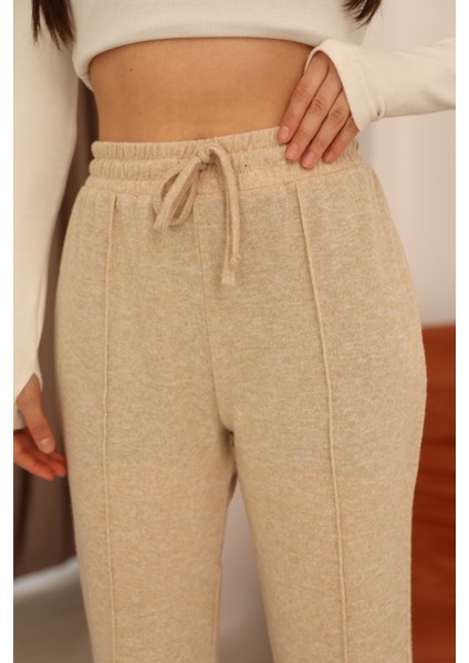 Bej Yumoş Yüksek Bel Bağlamalı ve Paça Lastik Detaylı Eşofman Altı indirimleri