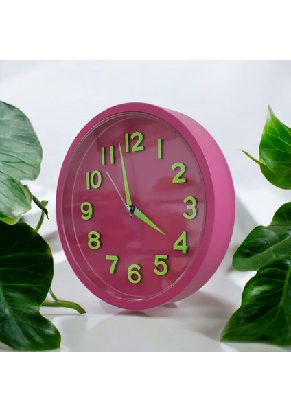 Fosforlu Kabartma Rakam Küçük Çocuk Odası Fuşya Duvar Saati Çap 22 cm