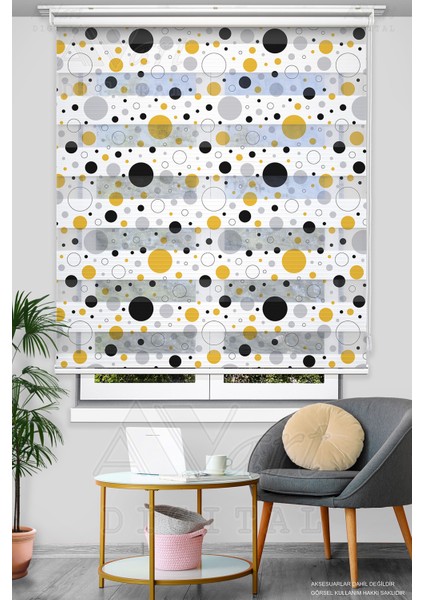 Sarı Siyah Puantiye Basklı Zebra Perde - Dijital Baskılı Zebra Perde