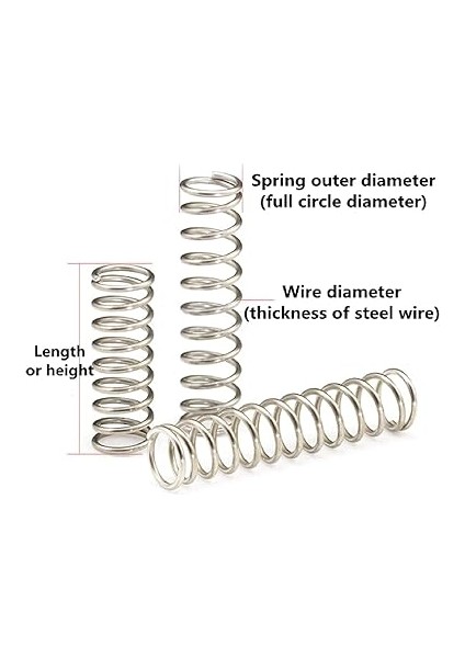 Paslanmaz Çelik Küçük Yay, Sıkıştırma Yayı, Iade Yayı, Y Tipi Sıkıştırma Yayı, Kablo Çapı 1,0 Mm, Dış Çap 6 Mm, Uzunluk 10-50 mm modelleri