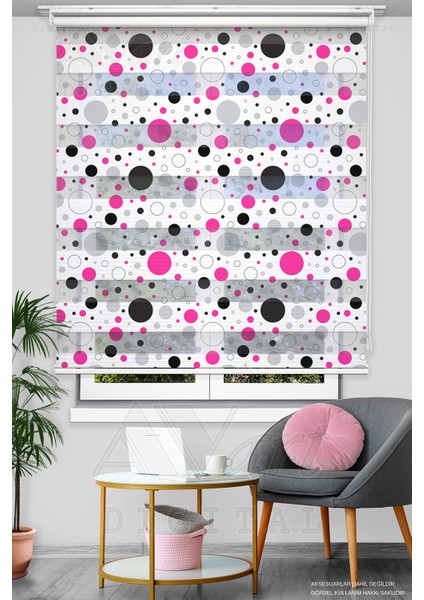 Pembe Siyah Puantiye Basklı Zebra Perde - Dijital Baskılı Zebra Perde
