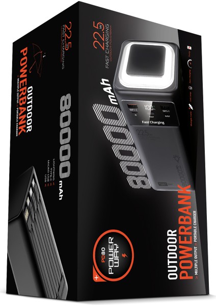 PD80 Kamp Powerbank | Gerçek 80.000 Mah | Pd 22.5W Hızlı Şarj | LED Fenerli ve Dahili Kablolu