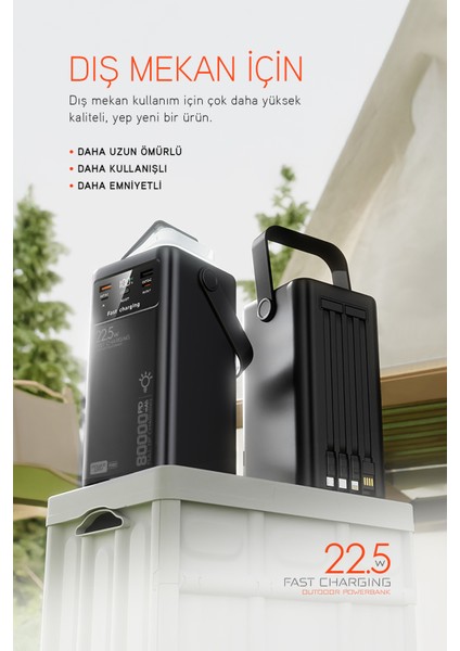 PD80 Kamp Powerbank | Gerçek 80.000 Mah | Pd 22.5W Hızlı Şarj | LED Fenerli ve Dahili Kablolu modelleri