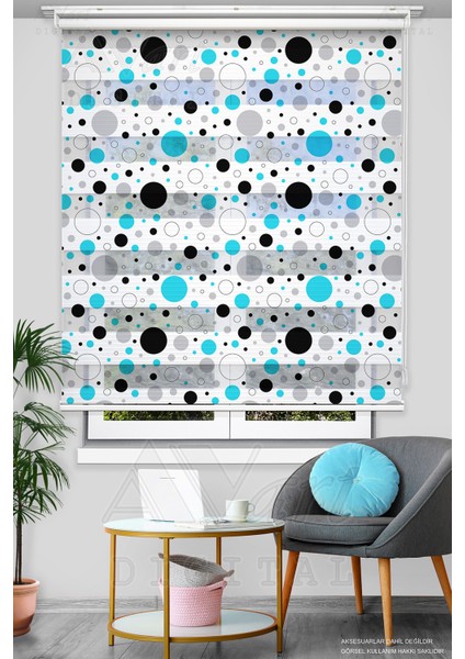 Turkuaz Mavi Siyah Puantiye Basklı Zebra Perde - Dijital Baskılı Zebra Perde