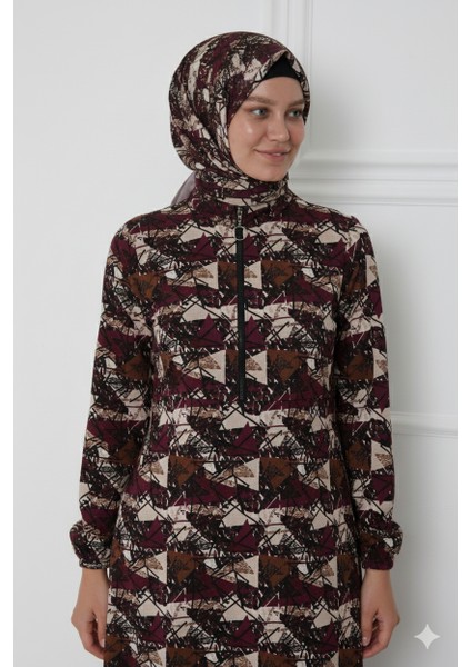 Tek Parça Başörtülü Şal Desen ve Fermuarlı Kadın Namaz Elbisesi Sabahlık