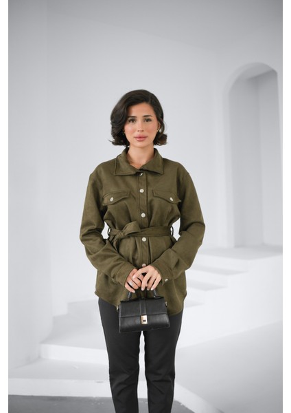 Çıtçıtlı Bağlama Detay Süet Kadın Gömlek