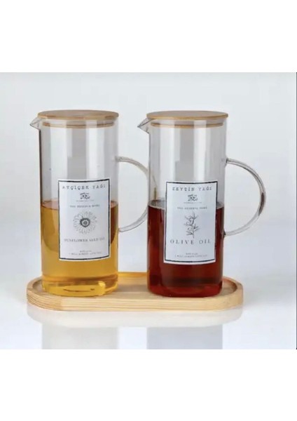 Bambu Standlı 2’li Borosilikat Cam 1500 ml Büyük Boy Yağdanlık Yağlık Seti